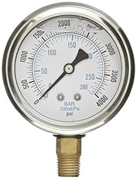 Pic Gauge 201l 254q relleno de glicerina Industrial Monte Medidor de presión inferior con acero inoxidable caso, latón Internals, tamaño de lente de plástico, 2 1 2" Dial, tamaño de 1 4" macho NPT Conexión, Rango de 0 4000 PSI