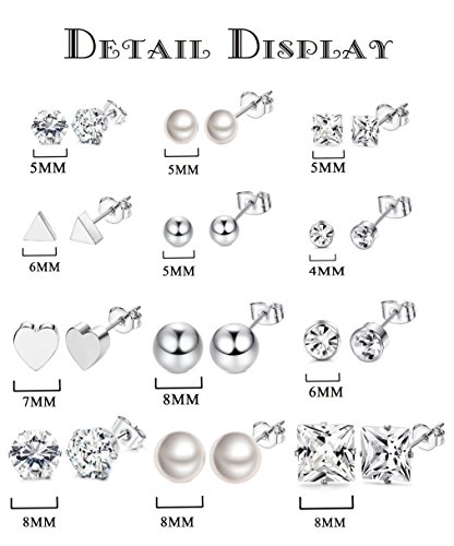 Thunaraz 12Pairs Surgical Steel Stud Earring Set Earring Ball Triangle Heart CZ Earring - Thumbnail 3