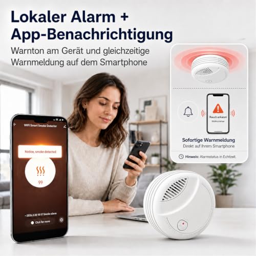 Hapippofa WiFi Smoke Detector with App Notification, 10-Year Battery, Networkable, Tested according to DIN EN 14604, Optical Smoke Alarm for Smart Home, Easy Installation, 3 Pieces
