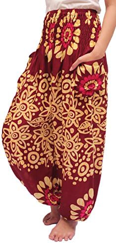 ChiangmaiThaiShop Harem Pant Yoga Bohos Extra Size For Men &amp; Women Elastic Waist smocks Rayon (G-Red, Large)