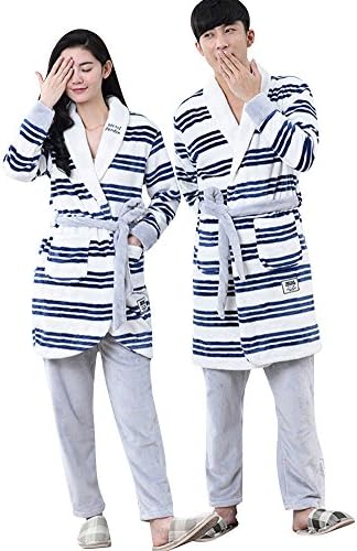 Doneipa Winter Fleece Stripe Matching Couples Flannel Robe Bathrobe Pajama Set Blue1 XX-Large