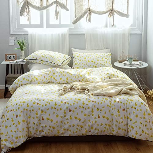 MKXI 3 Pieces Duvet Cover Set Natural Cotton White King Size Yellow Floral Bedding Set with Hidden Zipper Ties 1 Flowers Print Duvet Cover 2 Pillowcases Quality Bedroom Collection Breathable Durable
