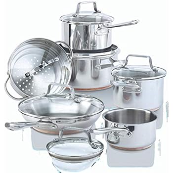 Paderno 12-Piece Stainless-Steel Copper Core Cookware Set | Kitchen Pots and Pans Set with Covered Steamer