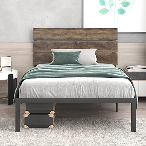 Allewie Twin Size Platform Bed Frame with Wooden headboard and Metal