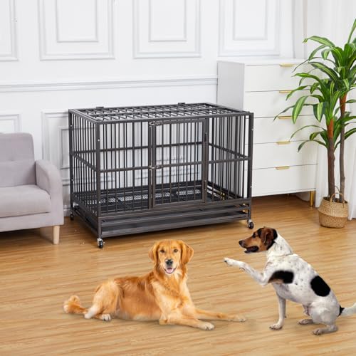 48in Large Dog Crate-Heavy Duty Large Dog Cage with Wheels,Removable Tray and 2…