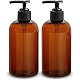 ljdeals 8 oz Amber Plastic Bottles with Pumps, Soap Dispenser, Empty Pump Bottles, Squeezable Refillable Containers for Shampoo, Lotion, Cream and More… Pack of 2, BPA Free, Made in USA