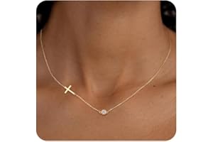 MIDEEO Cross Necklace for Women, Dainty 14k Gold Plated Cross Pendant Necklace Gold Cross Birthstone Necklace Tiny Sideway Cross Choker Necklace Trendy Christmas Gift for Women