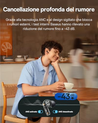 EP10 NC Cuffie Bluetooth, Auricolari Bluetooth 6.0, Cuffie Wireless In Ear con ANC -43dB, Driver 12mm, 24 Modi EQ, SuperBass, 4-Mic AI, IP55, 41 Ore di Riproduzione