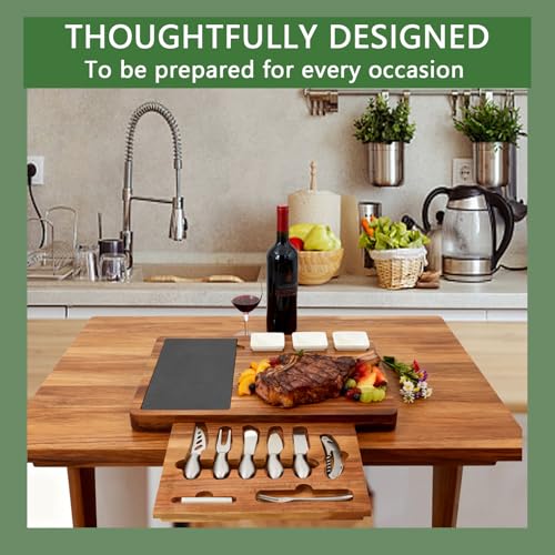 Louis Donné Premium Bamboo Cheese Board Knife Set - 5 Stainless Steel Knives 100% Natural Organic Bamboo Charcuterie Platter Multi Serving Tray for Cheese Meat for Christmas Weddings