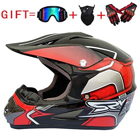 MMRLY Youth Motocross Helmet,Adult Helmet for Motorcycle Scooter ATV Cross Country, Distribution Goggles Cross Country Gloves and mask(S M L XL),BrightBlack/RedPK,M