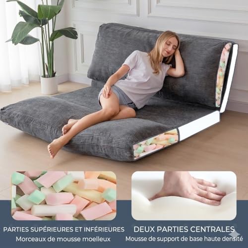 MAXYOYO Folding Bean Bag Chair with Foam Padding, Extra Thick 4 Layers, Mattress/Floor Sofa for Adults, Removable and Machine Washable Cover, Charcoal, 135 x 240 cm