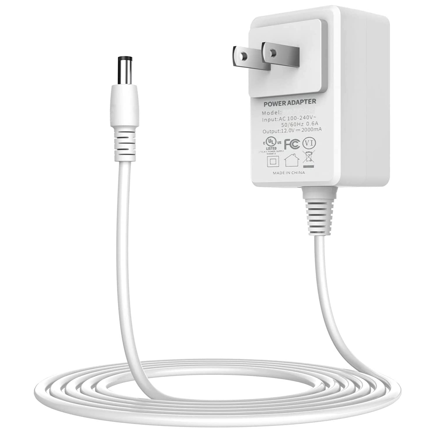 Photo 1 of 12V Power Supply AC Adapter, UL Listed Regulated 12 Volt 2A Replacement Charger Cord for LED Strip Light, CCTV Camera, BT Speaker, GPS, Webcam, Router, DC Transformer, 6ft, White