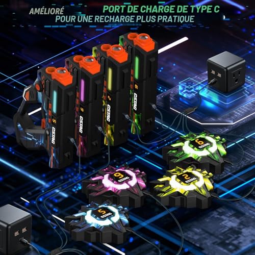 VATOS Rechargeable Laser Tag Set with 360° Sensors for 4 Players, Infrared 2.4GHz Real Time Data Display, Family Group Game for Kids and Teens, Gift for