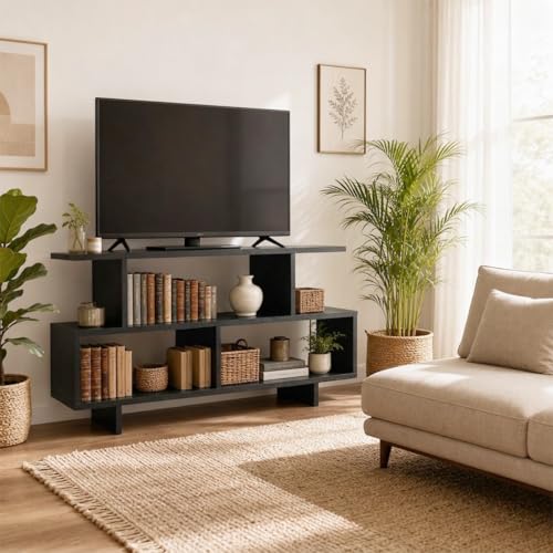 DNIDIO Mueble para TV Moderno, Mesa para TV con Consola de 3 Niveles,Centro de Entretenimiento para TV(110cm, Negro)
