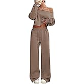 SOLY HUX Women's 2 Piece Outfits Fall Sweatsuits Off The Shoulder Crop Top Wide Leg Sweatpants Casual Matching Lounge Sets