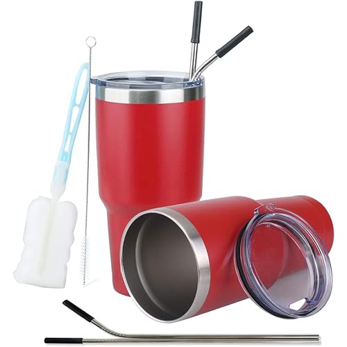 30oz Tumbler Stainless Steel Vacuum Insulated Tumbler Double Wall Travel Mug Coffee Cup with Lid, Metal Straw and Brush (2, Red)