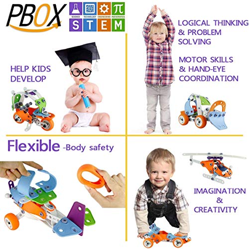 PBOX DIY Building Toys for Toddler, 132Pcs 5-in-1 DIY Creative stem Stacking Toys, Learning Block Set for Boys and Girls, Educational Construction Engineering Set Up Toy for 5 6 7 Year Old Kids