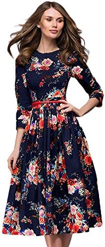 Womens Dresses Clearance Sale! Women's 3/4 Sleeve Floral Printing Long Sleevel Retro Party Long Maxi Dress