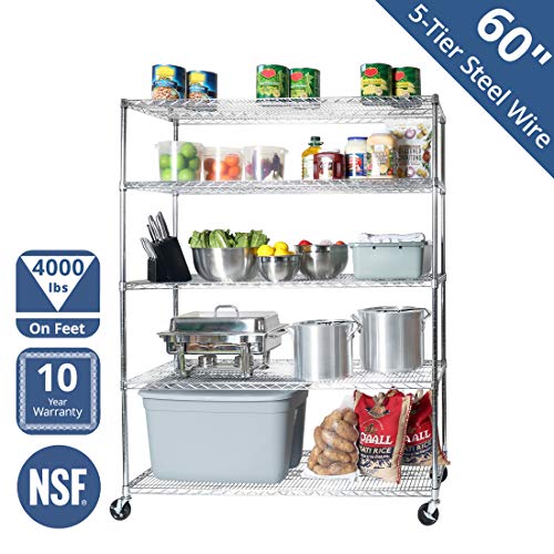 Seville Classics UltraDurable Heavy Duty NSF Solid Steel Wire Rack Storage Unit Wheels, 5Tier