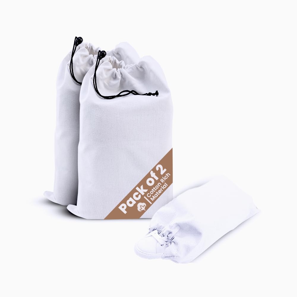 Photo 1 of LFH Cotton Rich Shoe Storage Bags with Drawstring, Dustproof Breathable Reusable Organizer, Perfect For Travel, Dorm, Hotel, College, Gym, Easy to Carry, Machine Washable 8"x17" (Pack of 2) - White