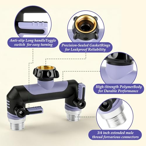 Landrip Garden Hose Splitter 2 Way Outdoor Faucet Splitter 3/4 Inch Heavy Duty T Hose Faucet Splitter Full Flow Hose Adapter with 2 Valves