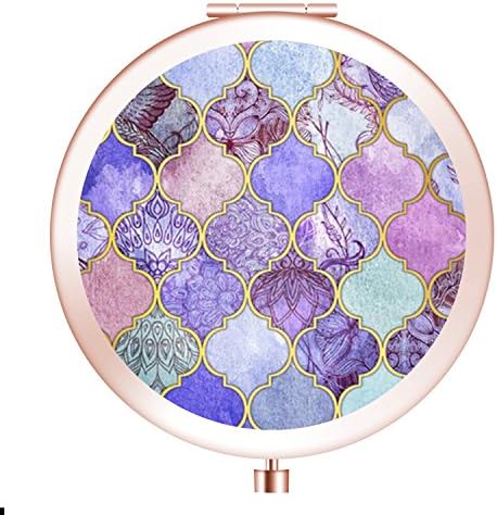 Folding Travel Mirror, Personalized Portable Round Mini Makeup Mirror with Double Sides 2x &amp;1x Magnification Good Gift for Girls [Moroccan-Tiles1]