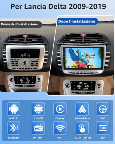 NHOPEEW 2G+64G Car Radio for Lancia Delta 2009-2019 – Wireless Carplay and Android Auto – 9 Inch Car Radio with WiFi GPS Mirror Link FM RDS+ Rear Camera