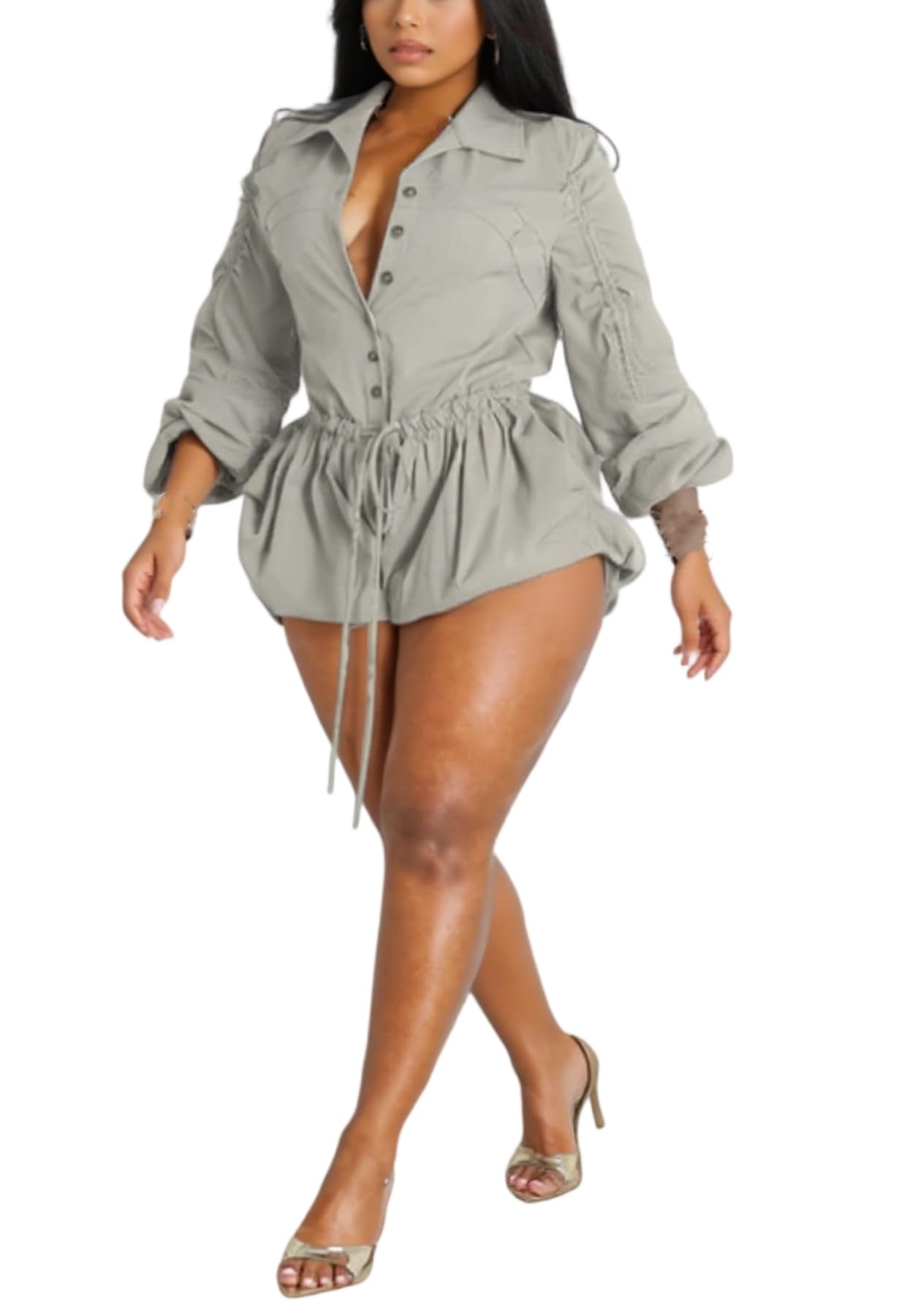 Photo 1 of Unybwonn Womens Summer Rompers Long Sleeve V Neck Drawstring Bubble Short Cute Jumpsuit One Piece Club Outfits