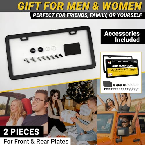 Premium Slim Matte Black License Plate Frames – 2 Pack, Rust-Free Stainless Steel & Rattle-Free, Street Legal, Universal with Screw Caps, Thin Metal Front & Rear Car Tag Holders for Men & Women
