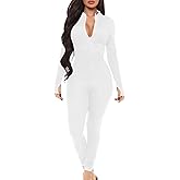 Mizoci Women's Sexy 2023 One Piece Jumpsuit Bodycon Long Sleeve V Neck Zipper Full Bodysuit, X-L, White