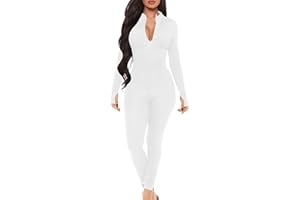 Mizoci Women's Sexy One Piece Jumpsuit Bodycon Long Sleeve V Neck Zipper Full Bodysuit