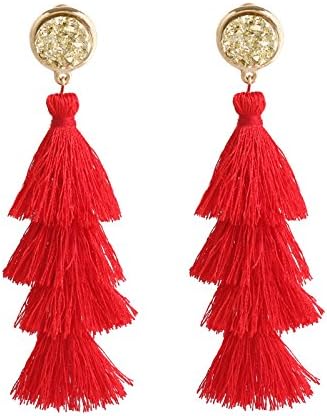 VOGUEKNOCK Tiered Tassel Drop Earrings Druzy Round Top Earring Studs for Women