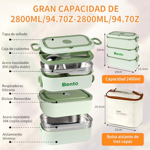 KIROGILY Bento Box para Adultos de 2400 ml, Práctica Lunch Box de 3 Capas, Toppers para Lunch Prueba Fugas. Fiambrera Incluye Vajilla y Bolsa para el Almuerzo, Apto para Salir y Trabajar