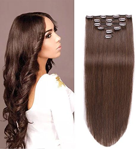 Straight Clip in Human Hair Extensions 70 Gram 6 Pcs/set Dark Brown Clips In 100% Human Hair (14inch, #2)