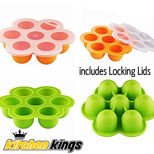 Kitchen Kings - 2-pack (green/orange) Baby Food Freezer Mold, Egg bites fits instant pot 5,6,8 qt pressure cooker, 7 cups storage tray clip on lid