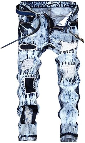 Men's Retro Vintage Heavy Washed Ripped Patches Staight Slim Biker Denim Jeans Pants, Light Blue