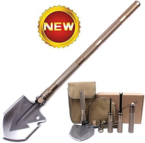 Pagreberya Survival Shovel Kit with Multi Tools Compass Knife Saw Firestarter Screwdriver Attack Cone, Compact and Portable Folding Shovel for Camping Backpacking Travel - Bonus Carrying Bag and Strap