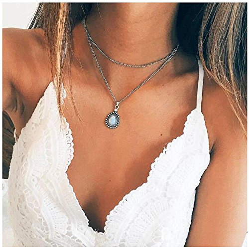 MINGHUA Charm Turkish Style Alloy Electroplating Drops-Shaped Gemstone Ladies Two-Layer Necklace