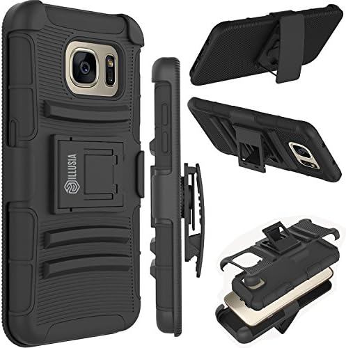 Samsung Galaxy S7 Edge case, ILLUSIA Black Rugged Double Layer Armor Kickstand Cover Case With Holster for Samsung Galaxy S7 Edge G935 (Armor black 2 )
