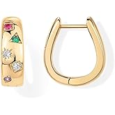 coadipress 14K Gold Plated Chunky Huggie Earrings for Women Thick Colorful Cubic Zirconia Statement Hoop Earrings Unique Multicolored CZ Tiny Round Earrings Trendy Jewelry