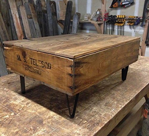 Reclaimed Fruit Crate Coffee Table with Metal Legs and Hinged Blanket Storage