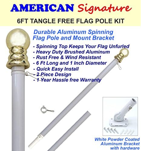 Flag Pole and Bracket Holder Kit - Includes 6 Ft Heavy Duty Aluminum Tangle Free Spinning Flag Pole and Adjustable Outdoor Wall Mount Bracket (White, 6')