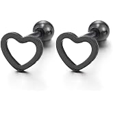 Black Flat Open Heart Stud Earrings of Stainless Steel for Women, Screw Back, 2Pcs