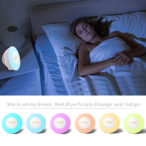 Mosche Sunrise Alarm Clock, Digital Clock, Wake Up Light with 6 Nature Sounds, FM Radio and Touch Control (Wood White)