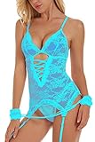 Unilove Bodysuit Lingerie for Women Sexy Corset with Straps Lace Babydoll Chemise (S, Blue)