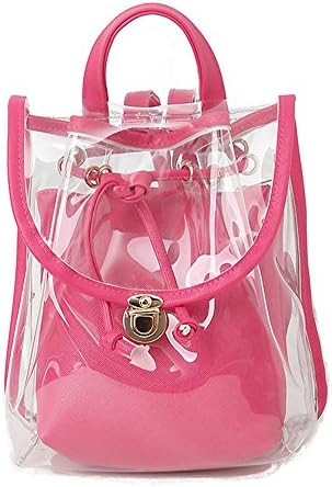 Jesdo Women's 2 in 1 Clear Drawstring Backpack Transparent Travel Beach Handbag Bag (Magenta)