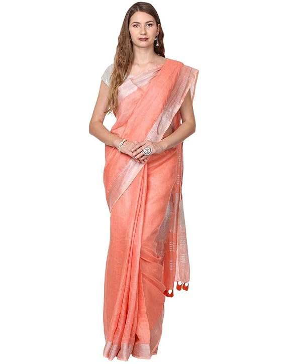 Peach Orange Pure Linen Saree With Plain Zari Border Running Blouse Piece For Women Latest Designe