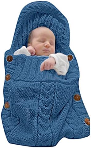 Lobinsun Newborn Baby Button Closure Wool Knit Swaddle Sack Warm Blanket (Dark Blue)