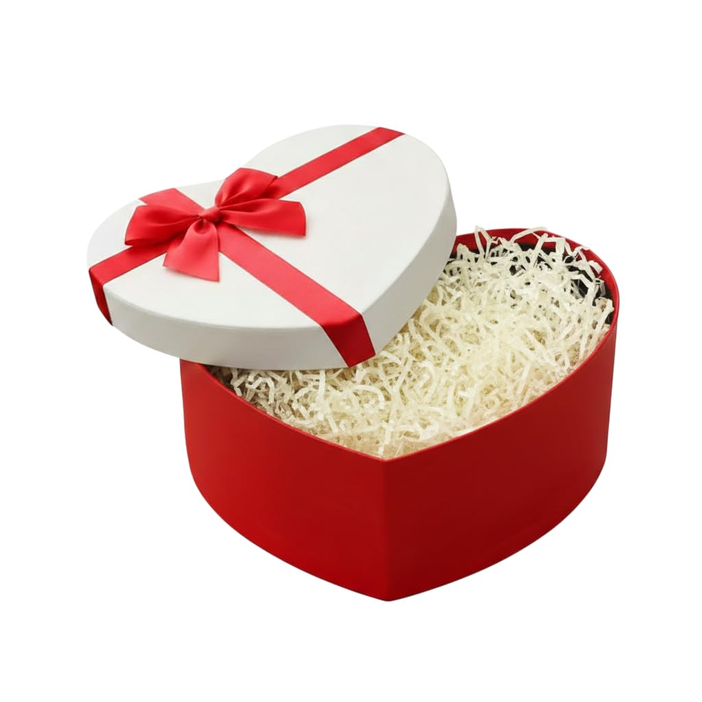 Emartbuy Rigid Heart Shaped Gift Box with Lid Size 3 (26.7 × 21.7 × 13 cm) – Red & White Textured Paper with Satin Ribbon Bow for Valentine’s Day, Jewellery, Chocolate & Small Keepsake Gifts
