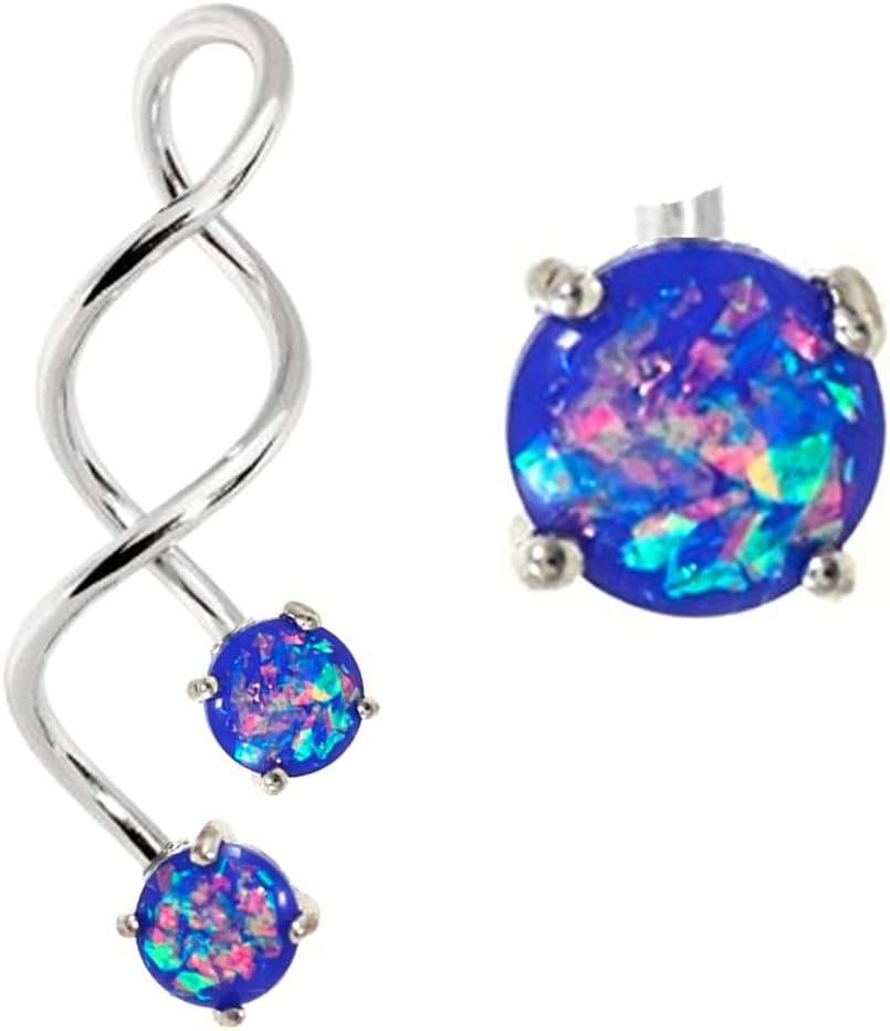 playful piercingsGlitter Fire Opal Synthetic Unique Spiral Long Twist Belly or Industrial Earring (White Pink Blue Purple Aqua Dk Multi Black)- 14g